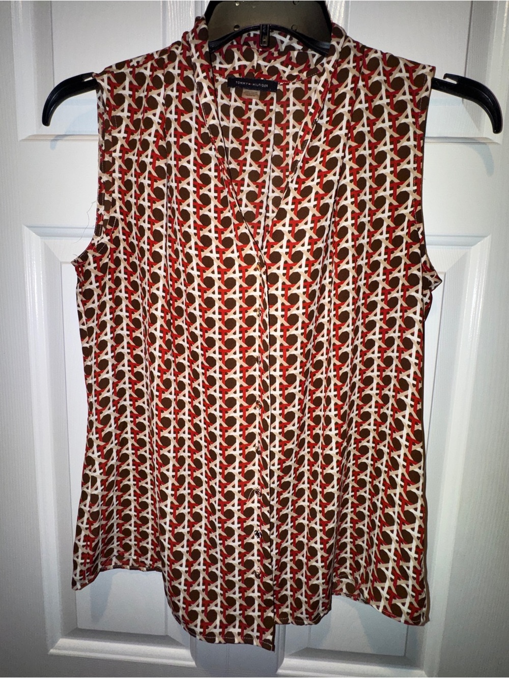 Tommy Hilfiger Sleeveless V Neck Button-Up Shirt, Brown Tan Red White pattern.